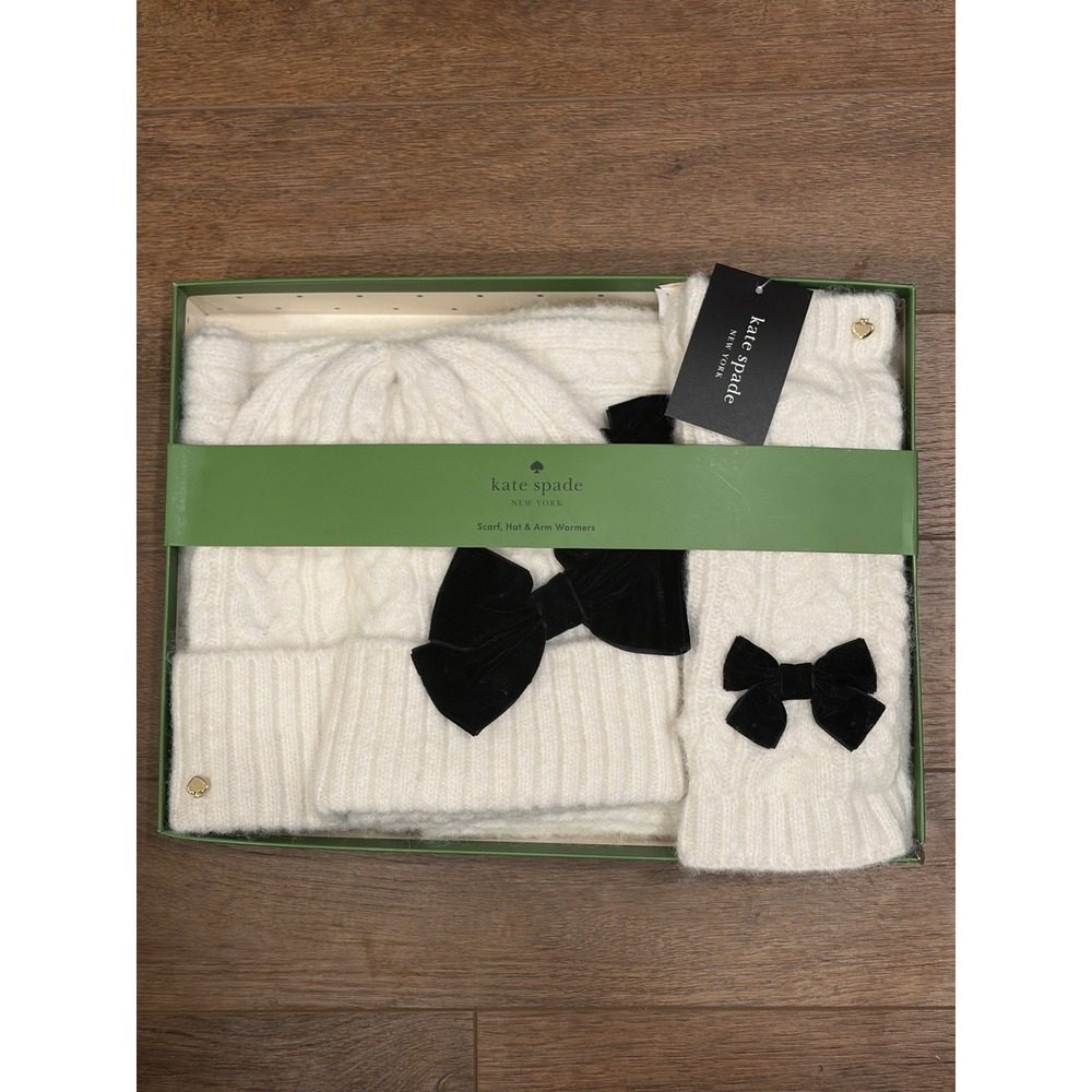 Kate‎ Spade New York Velvet Cable Bow 3pc Box Set Hat Scarf Arm Warmers NEW